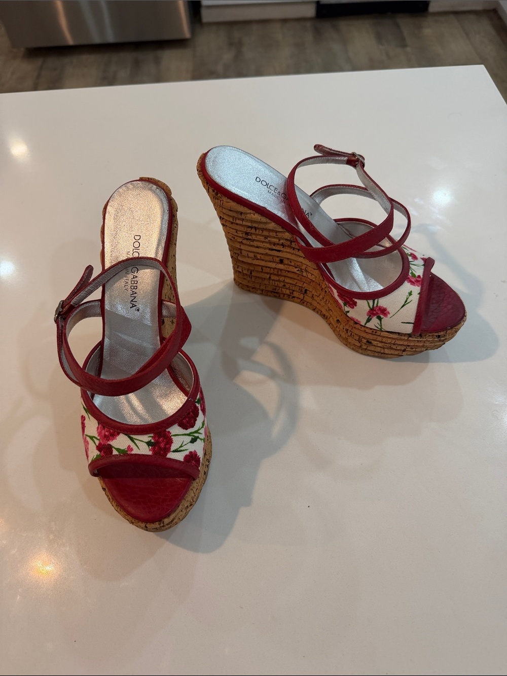 Dolce & Gabbana Red Floral Cork Wedge Sandals with Strappy Detail 👠